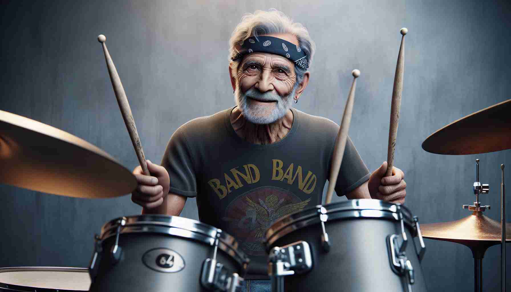 Realistic HD photo of an 84-year-old man who is still energetically engrossed in playing drums, demonstrating a sense of timelessness and youthful vigor. His features are that of an average older male, with a lean physique, slight wrinkles, and sparkling eyes full of life. He wears a casual band t-shirt and a signature bandana, holding a pair of drumsticks while sitting behind a drum set.