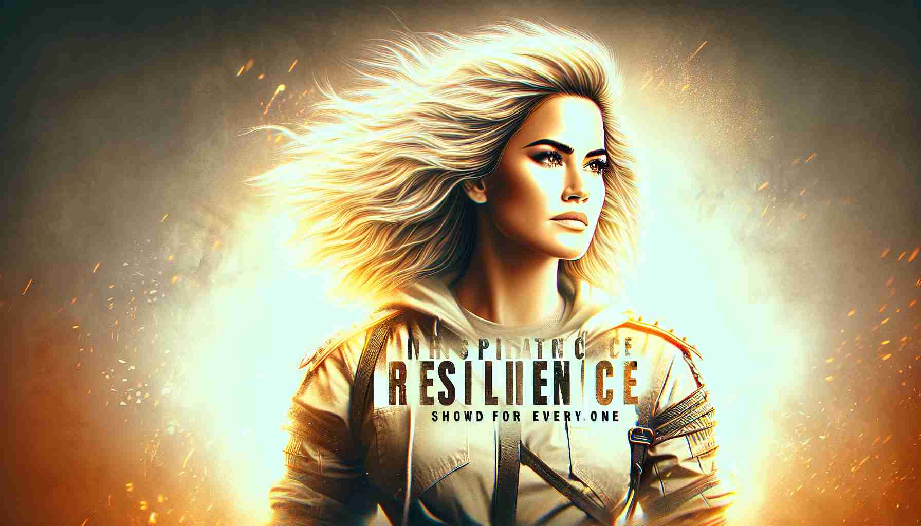 Realistic HD image depicting a strong, blonde, female pop artist powerfully standing against the wind. She seems to embody resilience and strength. In the backdrop, there's a message of inspiration, resilience shown for everyone, written in bold letters, emanating a sense of strong motivation.