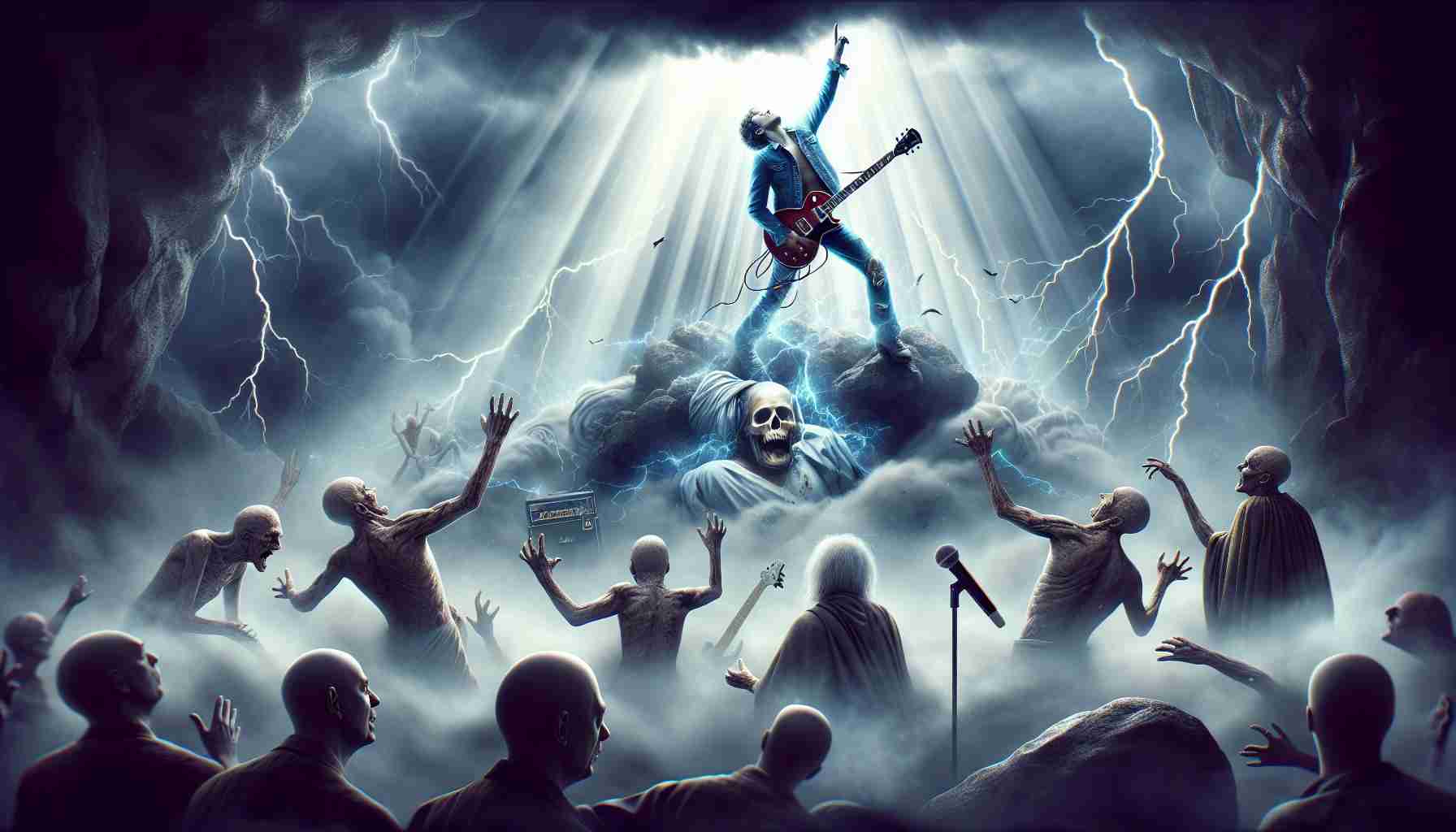 Realistic HD image illustrating a dramatic scene of a legendary rock artist, avoiding a near-death experience. The scene is brimming with indications of the impending miraculous recovery. Please note that the rock artist's identity is kept vague and generic, focusing more on the symbolic representation of their journey rather than the individual themselves.