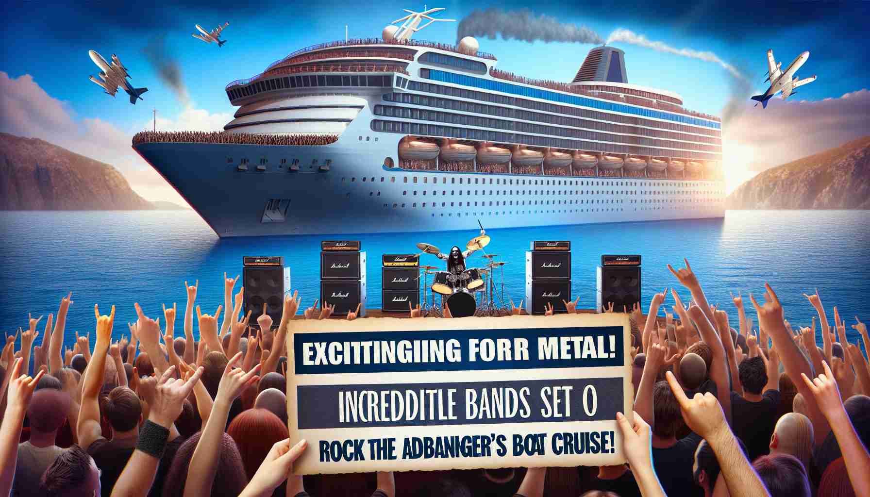 Create a photo-realistic HD image with the text 'Exciting News for Metal Fans! Incredible Bands Set to Rock the Headbangers Boat Cruise!' placed prominently in the foreground. In the background, show an image of an impressive cruise ship in the middle of the ocean under a bright blue sky. Enhance the scene with a raucous crowd of excited music fans of diverse genders and descents, waving their hands in anticipation. Decorate the scene with all the trappings of a rock music event, like band merchandise, musical instruments, amplifiers and stage lights.