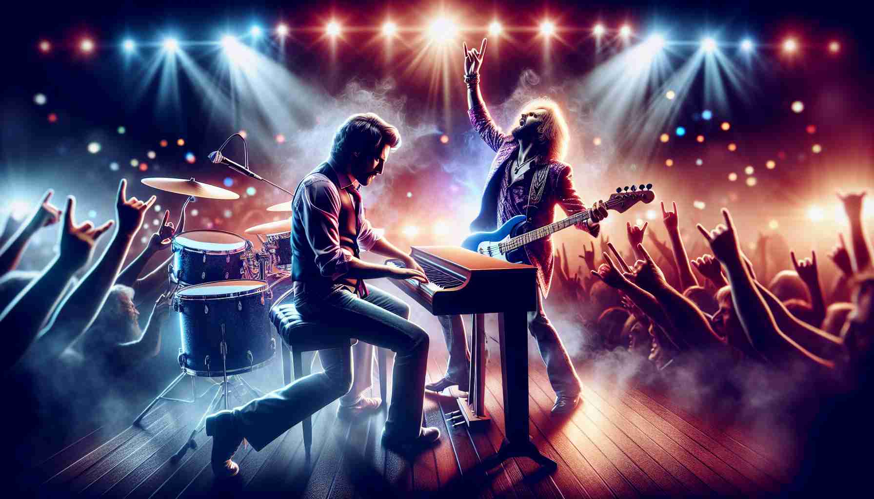 Realistic HD photo of a legendary New Year’s Eve celebration! Imagine a famous piano musician teaming up with a legendary rock drummer for an epic jam. The stage is bathed in colorful lights, the crowd is ecstatic and the air is filled with anticipation, music, joy, and the close proximity of a new year. Both musicians are in their element, creating a magical synergy that is palpable and contagious.