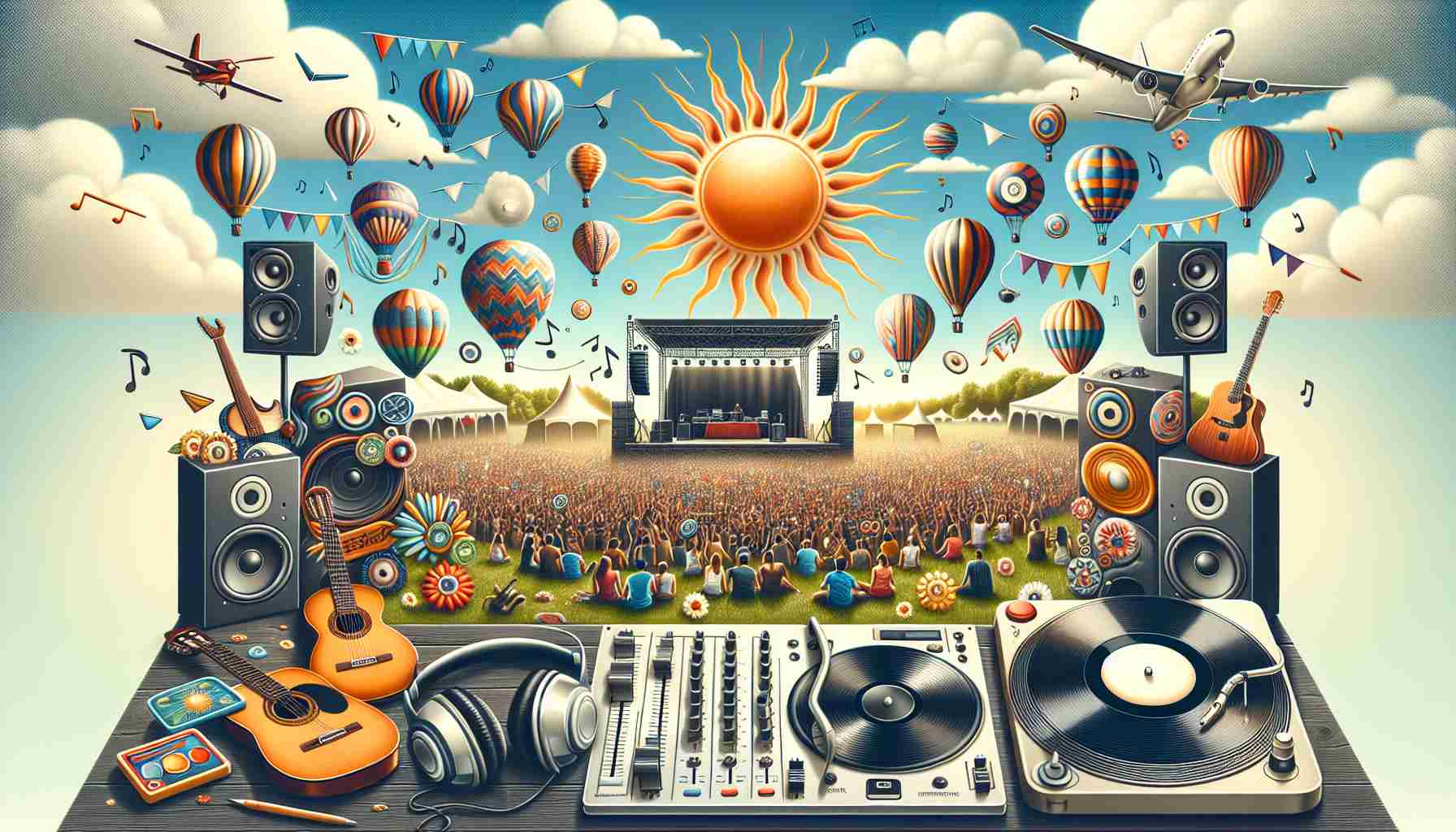 Create a realistic, high-definition image that symbolically represents the explorations and rise of alternative summer soundtracks. Imagine a hot summer day at a music festival. Various elements should include headphones, vinyl records, concert speakers, guitars, DJ mixers, and a crowd enjoying the music. Please ensure the background represents a typical outdoor music festival environment with clear blue sky, sun, and open fields.