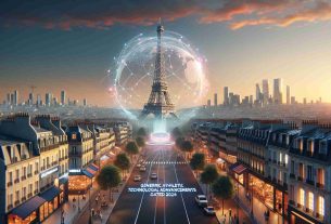 Create a high-definition realistic image showcasing new athletic technological advancements unveiled at a generic global sports event dated 2024, held in a city synonymous with fashion and romance. The city is known for its iconic Eiffel Tower, picturesque streets, cafes, and radiant art culture.