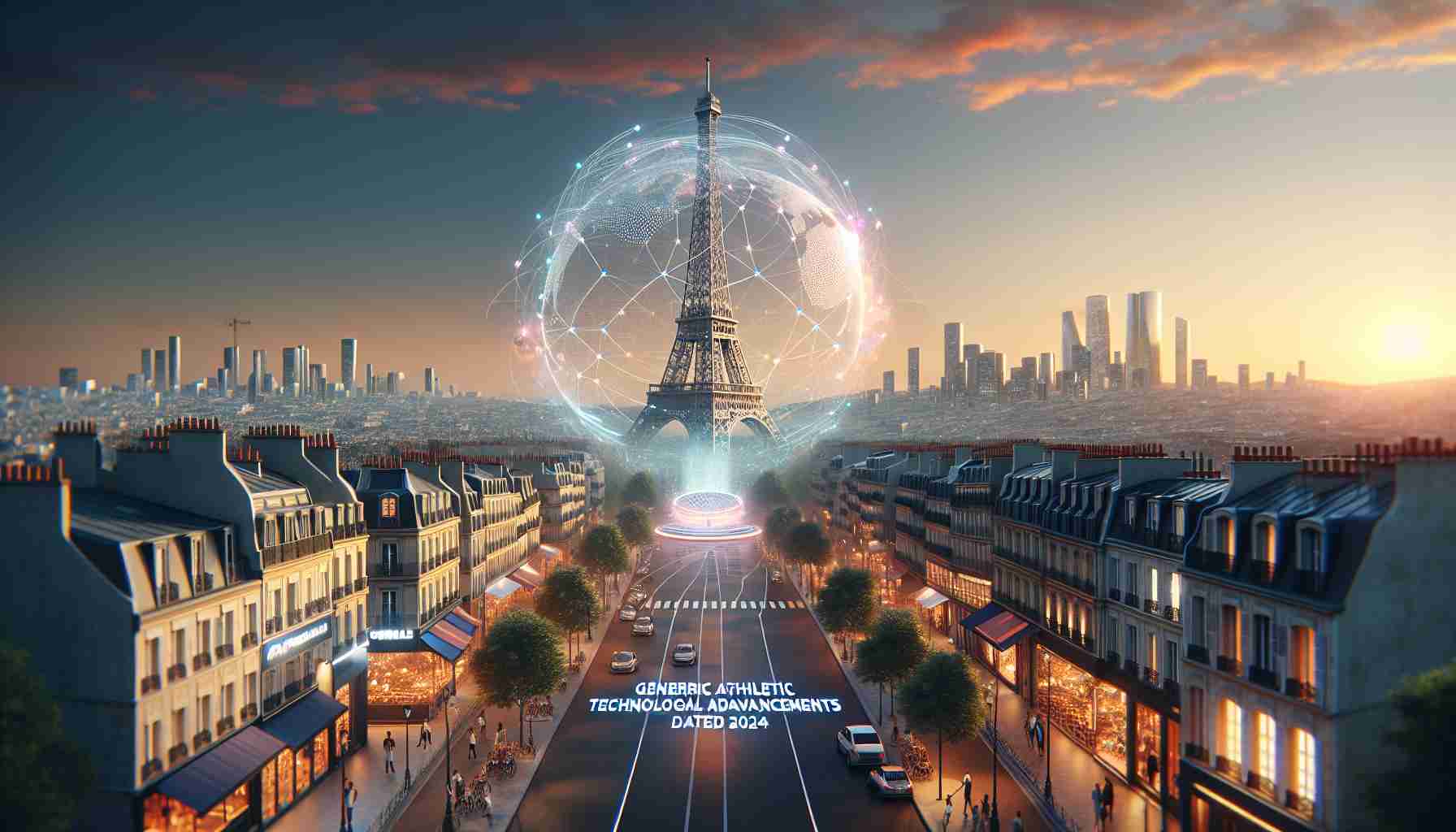 Create a high-definition realistic image showcasing new athletic technological advancements unveiled at a generic global sports event dated 2024, held in a city synonymous with fashion and romance. The city is known for its iconic Eiffel Tower, picturesque streets, cafes, and radiant art culture.