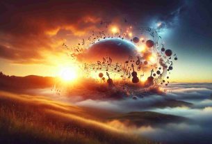 Realistic high definition image showcasing the lasting impact of a musical piece titled 'Sunrise Symphony'. This concept can be visually represented by a beautiful sunrise, with musical notes and instruments delicately woven into the scenery. The music seems to be waking up the natural elements, setting the world into motion with its harmonious rhythm.