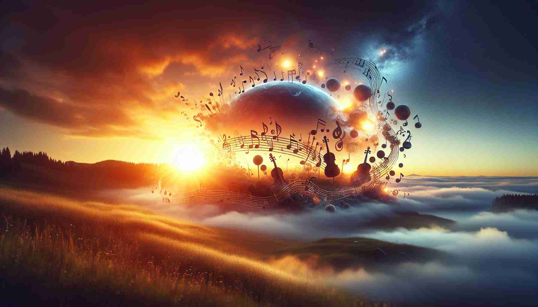 Realistic high definition image showcasing the lasting impact of a musical piece titled 'Sunrise Symphony'. This concept can be visually represented by a beautiful sunrise, with musical notes and instruments delicately woven into the scenery. The music seems to be waking up the natural elements, setting the world into motion with its harmonious rhythm.