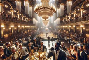 A high-definition, realistic image of an extravagant album release party. The venue is filled with grande chandeliers, golden ornaments and a stage set for a hip-hop artist. A diverse crowd of people, in terms of gender and descent like Caucasian, Hispanic, Black, Middle-Eastern, South Asian, and White are present, enjoying the luxurious ambiance and eagerly waiting for the performances to kick off. The artist, a stylish African American man in his twenties, is at the center, with a microphone in one hand and gesturing with the other to energize his audience. Pls note, avoid any specific references to real-life individuals.