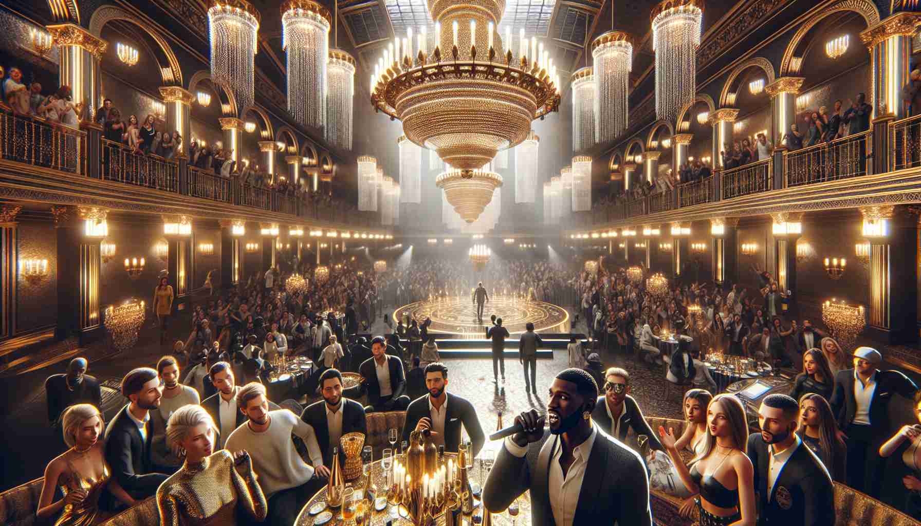 A high-definition, realistic image of an extravagant album release party. The venue is filled with grande chandeliers, golden ornaments and a stage set for a hip-hop artist. A diverse crowd of people, in terms of gender and descent like Caucasian, Hispanic, Black, Middle-Eastern, South Asian, and White are present, enjoying the luxurious ambiance and eagerly waiting for the performances to kick off. The artist, a stylish African American man in his twenties, is at the center, with a microphone in one hand and gesturing with the other to energize his audience. Pls note, avoid any specific references to real-life individuals.