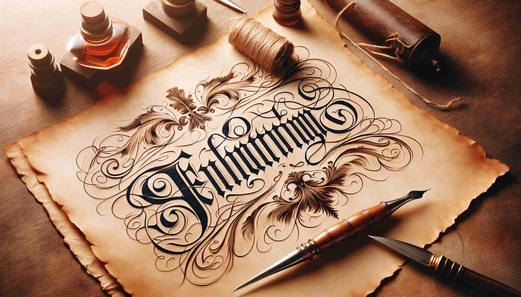 Create a realistic and high-definition illustration of a handwritten title on an old parchment paper. The title should be elegantly written in stunning calligraphy.