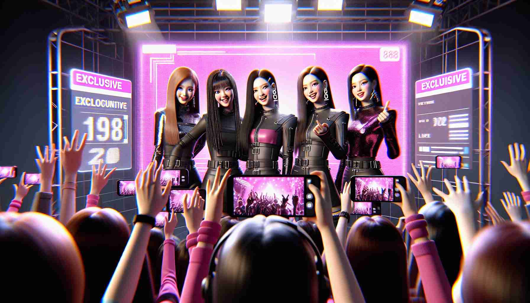 A high-resolution digital picture of an exclusive opportunity for 88 admirers to join a popular all-female music group on a virtual journey. The group is known for their energetic performances and stylish outfits, they are recognised as a quartet and they are often seen in black and pink outfits. All the four members of this band are noticeable in the photo with a computer screen displaying a virtual world in the background. Portray excitement and anticipation for the voyage in the gaze of the fans.