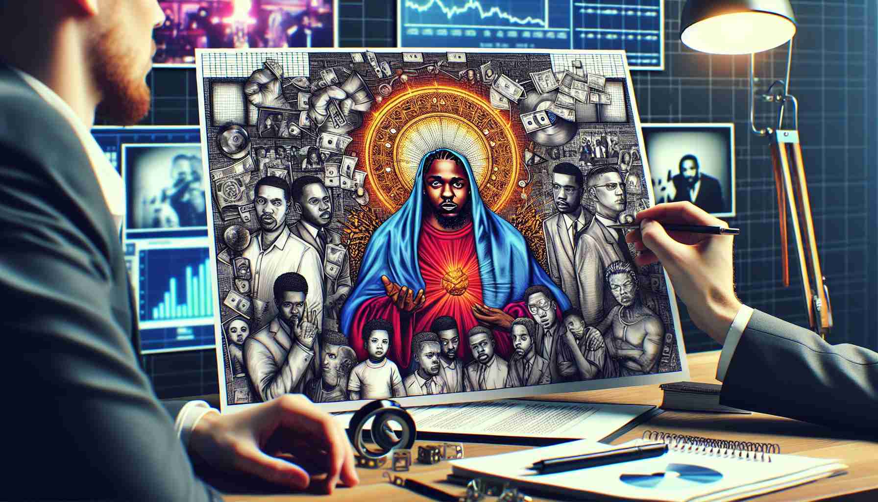 High-resolution photo of analysing the artistic vision of a renowned modern hip-hop artist akin Kendrick Lamar via the symbolism in a hypothetical music video entitled 'Not Like Us'. The creative concept includes meaningful visual elements frequently found in the genre and associated with the artist's unique perspective. Depicting a detailed breakdown of these symbols and their possible interpretations within a hierarchical societal context.