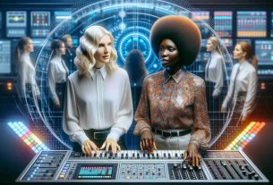 Conceptual HD photo of a slender, blonde Caucasian woman and a buxom, brown-haired Caucasian woman, both celebrated pop artists, working together on an electro-pop anthem in a high-tech music studio.