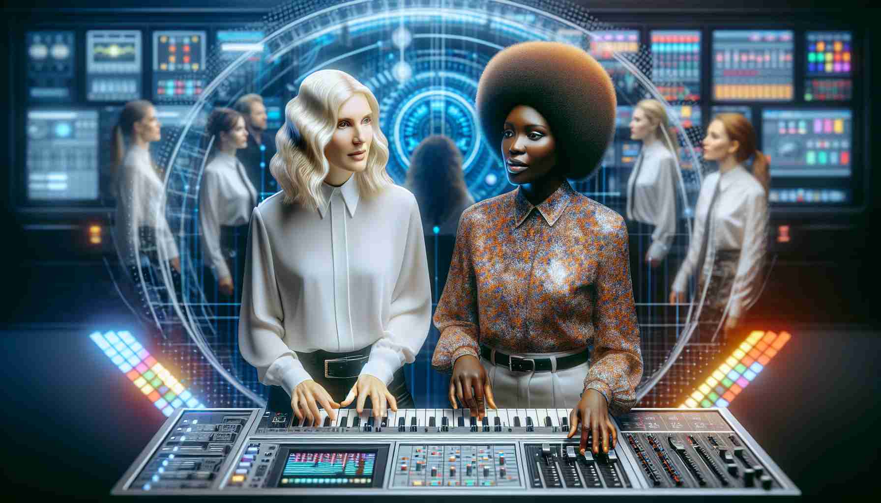 Conceptual HD photo of a slender, blonde Caucasian woman and a buxom, brown-haired Caucasian woman, both celebrated pop artists, working together on an electro-pop anthem in a high-tech music studio.