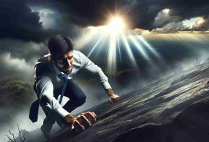 Create a high definition, realistic photo that narrates the theme of 'Overcoming Adversity: A Tale of Resilience and Strength'. The image should depict a scenario where a resilient person is overcoming a challenging obstacle. This person can be Hispanic, male, and might be climbing a steep hill against a stormy backdrop, symbolizing his struggle. The expressions on his face should be one of determination and strength. He pushes forward, demonstrating his remarkable resilience, with rays of sun breaking through the clouds, predicting a positive outcome beyond the current adversities.