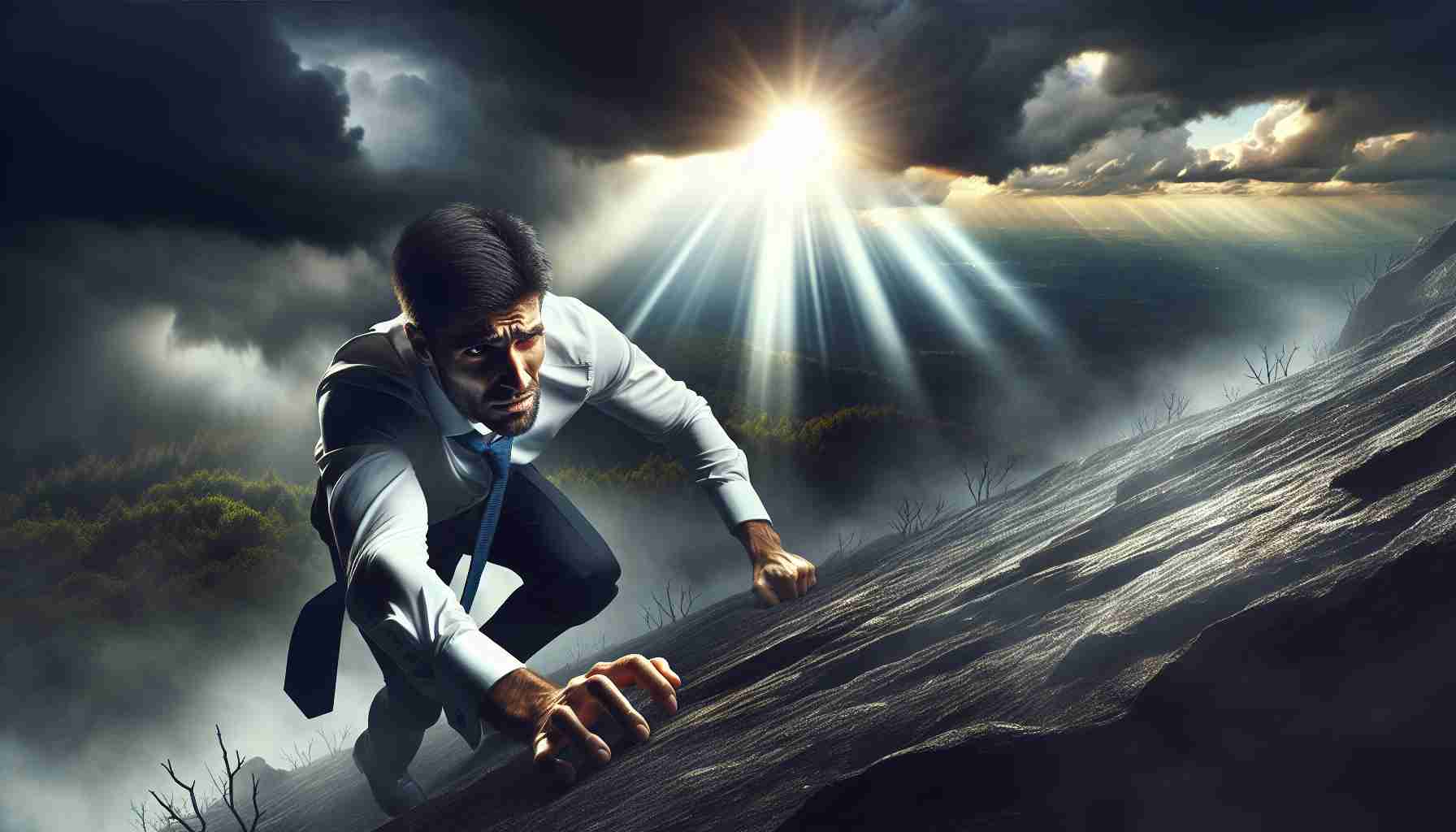 Create a high definition, realistic photo that narrates the theme of 'Overcoming Adversity: A Tale of Resilience and Strength'. The image should depict a scenario where a resilient person is overcoming a challenging obstacle. This person can be Hispanic, male, and might be climbing a steep hill against a stormy backdrop, symbolizing his struggle. The expressions on his face should be one of determination and strength. He pushes forward, demonstrating his remarkable resilience, with rays of sun breaking through the clouds, predicting a positive outcome beyond the current adversities.