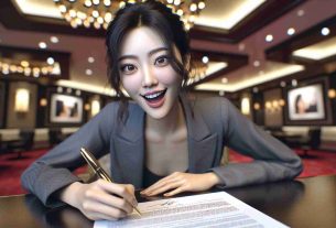 A high-definition, realistic photograph of an up-and-coming actress of East Asian descent, named Lily Choi. She is captured in the moment where she's signing a contract with a well-known entertainment company called Stellar Entertainment. Her expressions are full of excitement and determination. The environment surrounding her carries the glitz and glamor of the entertainment industry, with bright lights and exclusive setting. Note, this is a non-specific actress and not a real public figure.