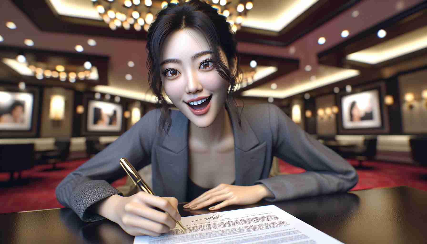 A high-definition, realistic photograph of an up-and-coming actress of East Asian descent, named Lily Choi. She is captured in the moment where she's signing a contract with a well-known entertainment company called Stellar Entertainment. Her expressions are full of excitement and determination. The environment surrounding her carries the glitz and glamor of the entertainment industry, with bright lights and exclusive setting. Note, this is a non-specific actress and not a real public figure.