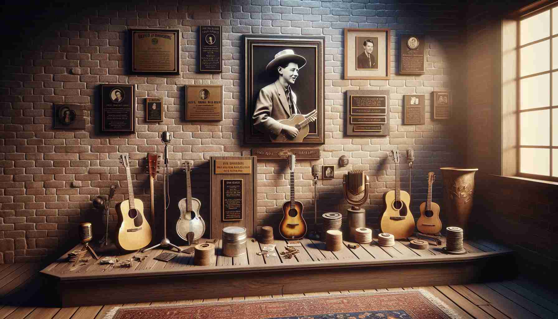 Realistically depicted high-definition photograph of a symbolic space dedicated to commemorate a pioneer in the field of music. Scene includes musical instruments, plaques and biographical details, and other relevant memorabilia associated with the trailblazing musician's life and career.