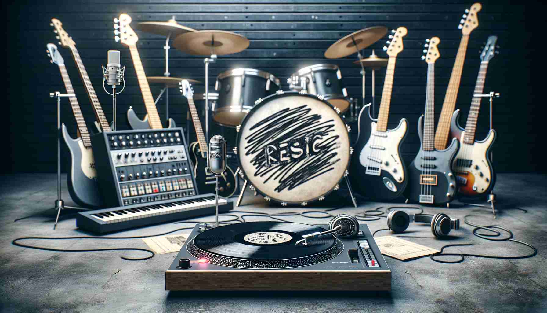 Create a high-definition, realistic image of a modern, state-of-the-art music studio filled with a variety of instruments, including guitars, basses, keyboards, drums and microphones, hinting at the timeless sound of classic rock music. Next to a turntable, there's a vinyl record with scribbled, generic text on its cover, representing reinterpretation of a classic sound with a modern twist. Do not display any recognizable artists or public figure in the scene.