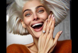 Realistic HD photo of a blissful Caucasian woman with a unique, eccentric style, radiating joy after announcing her engagement to her longtime partner. She has a distinct platinum blonde hair and celebrates with a sparkling engagement ring.