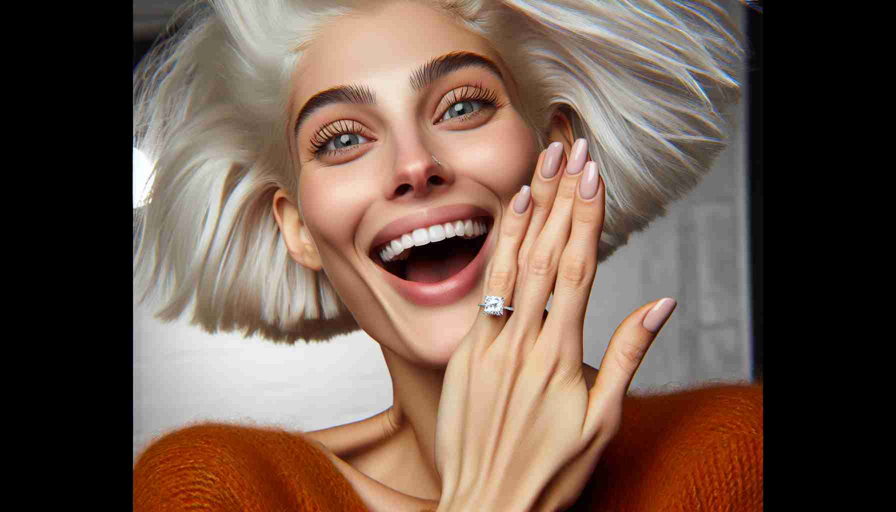 Realistic HD photo of a blissful Caucasian woman with a unique, eccentric style, radiating joy after announcing her engagement to her longtime partner. She has a distinct platinum blonde hair and celebrates with a sparkling engagement ring.