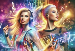 Realistic HD image of a blonde, athletically built female pop star along with a brunette, slim female singer-songwriter. They are immersed in a vibrant and energetic musical adventure, their expressions reflecting the thrill of performance. The scene is filled with digital music notes and other elements symbolizing melody and rhythm, hinting at a fantastic musical journey.