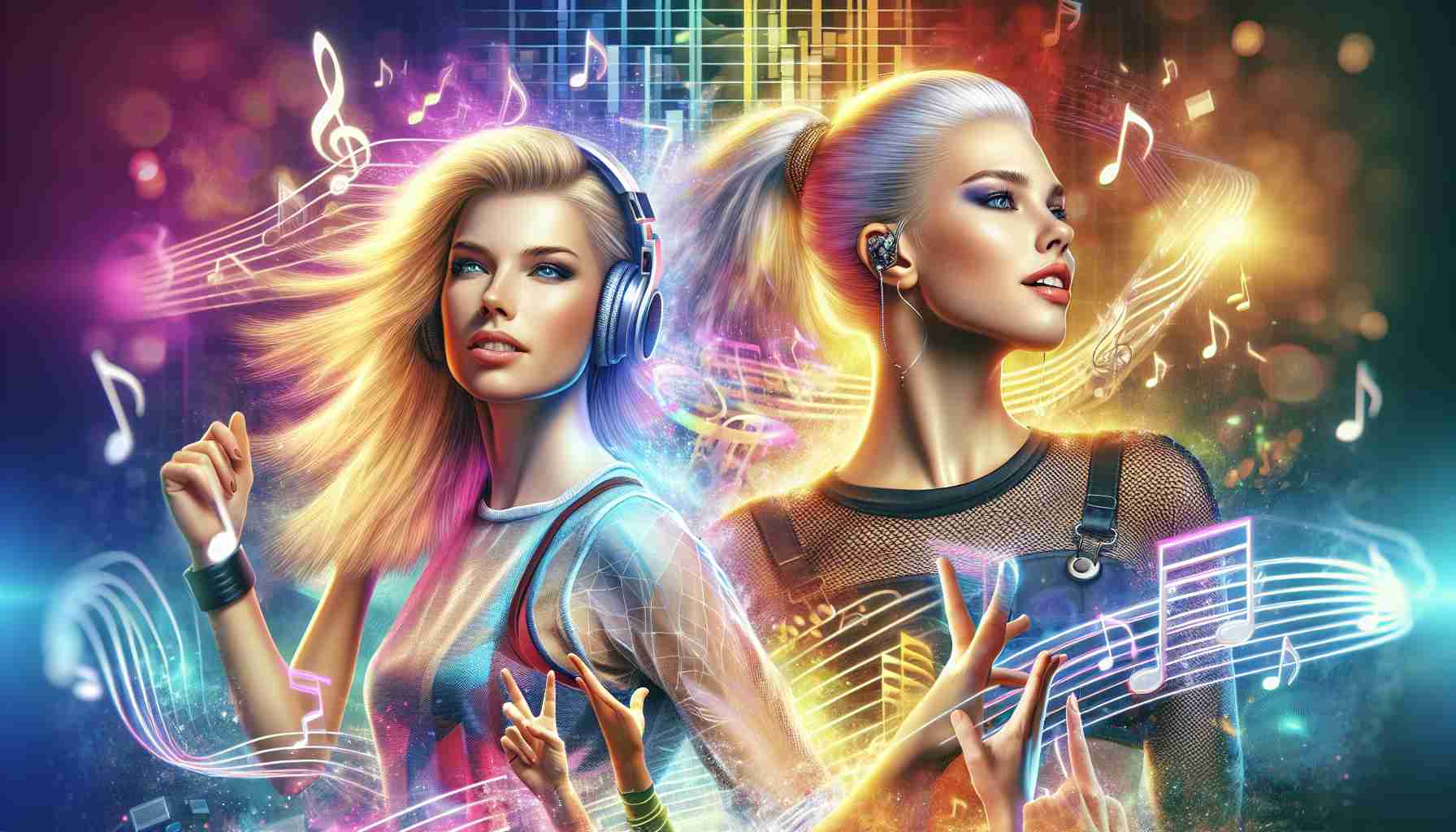 Realistic HD image of a blonde, athletically built female pop star along with a brunette, slim female singer-songwriter. They are immersed in a vibrant and energetic musical adventure, their expressions reflecting the thrill of performance. The scene is filled with digital music notes and other elements symbolizing melody and rhythm, hinting at a fantastic musical journey.