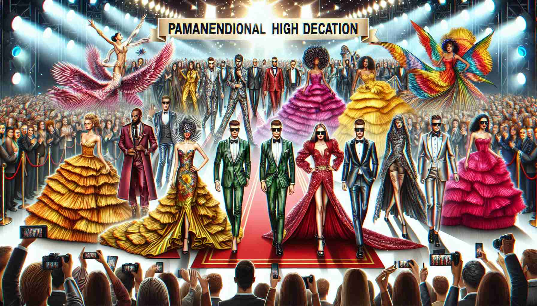 An image depicting a phenomenal high definition scene from a summer spectacular red carpet event. Display a multitude of fashion trends, such as flowing gowns, sharp tuxedos, artistic accessories, and vibrant colors. People from diverse ethnic backgrounds like Caucasian, Hispanic, Middle-Eastern, should be seen stunning in their unique attires. Both men and women should be displayed equally, expressing their fashion statements. Include elements like a red carpet, flashing lights of cameras, and an ecstatic crowd to imbibe the actual event's energy.