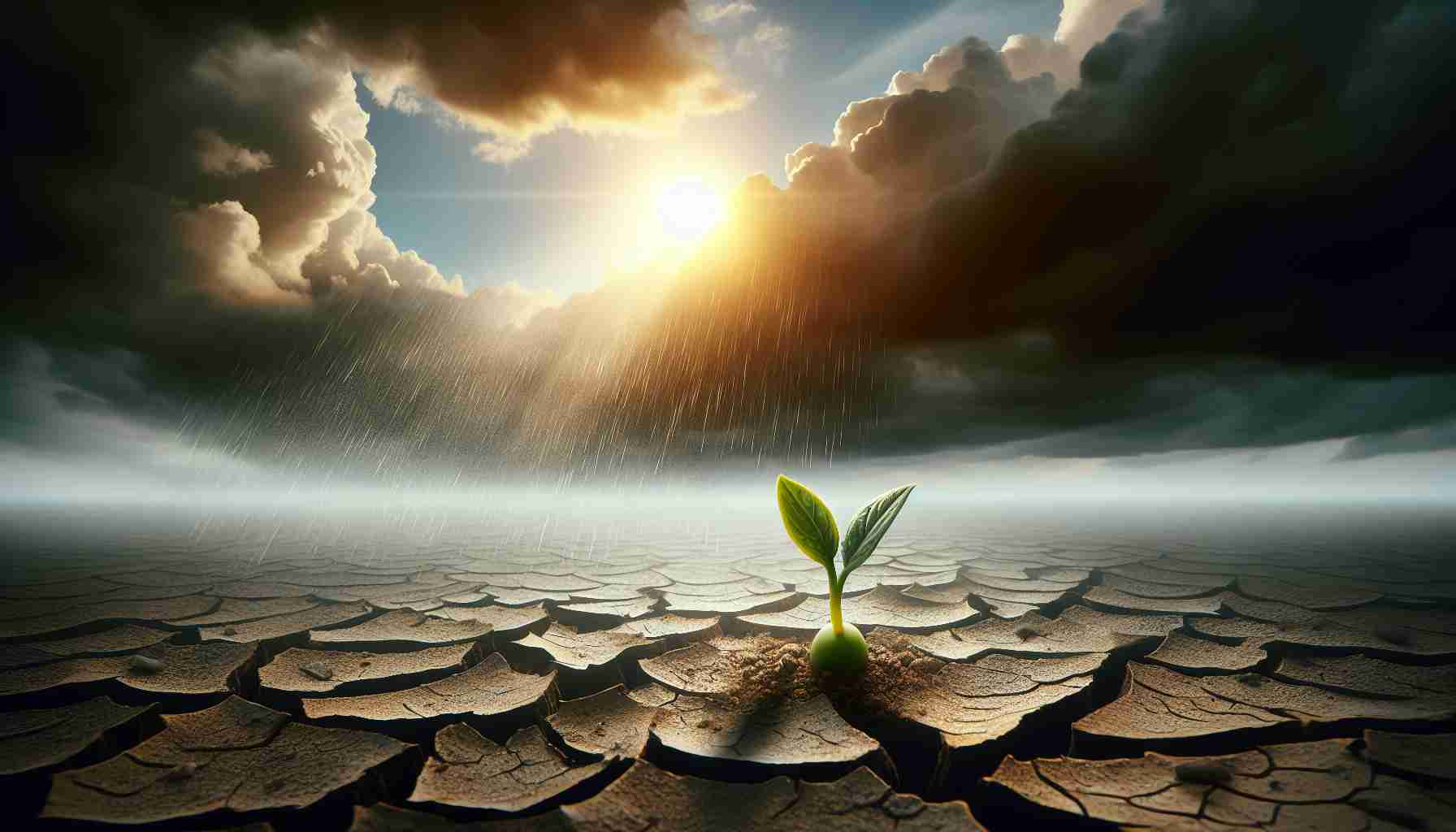 Realistic image in high definition showcasing the themes of acknowledging growth and overcoming adversity. Imagine a sprout emerging from cracked, dry ground, reaching towards a sun that is just breaking through storm clouds. The sprout can symbolize growth and rebirth, and the difficult ground and clouds represent adversity.