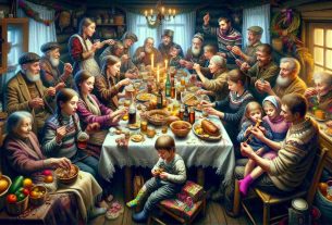 An image of a family partaking in unique traditions, reflecting a scenario similar to some of the traditions followed by a popular music artist. The family includes members of different ages. They are gathered in their cozy home, their personalities prominently reflected in their expressive faces and clothes. They are engaged in activities like eating traditional foods, wrapping unique gifts, or enjoying a particular form of entertainment. The atmosphere is heartwarming, filled with affection, and the room is abuzz with laughter and joy. The image showcases a high level of detail and realism.