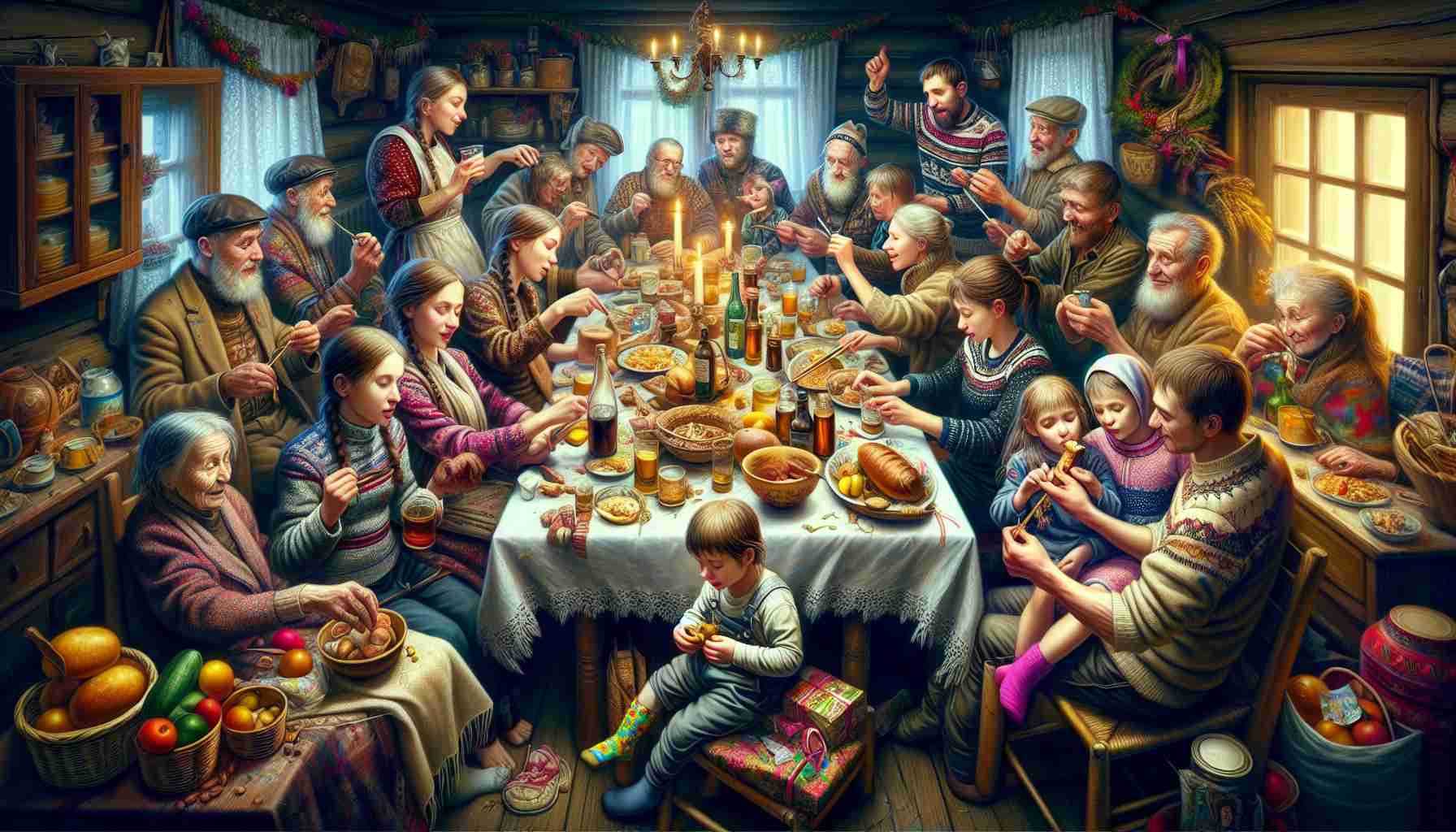 An image of a family partaking in unique traditions, reflecting a scenario similar to some of the traditions followed by a popular music artist. The family includes members of different ages. They are gathered in their cozy home, their personalities prominently reflected in their expressive faces and clothes. They are engaged in activities like eating traditional foods, wrapping unique gifts, or enjoying a particular form of entertainment. The atmosphere is heartwarming, filled with affection, and the room is abuzz with laughter and joy. The image showcases a high level of detail and realism.