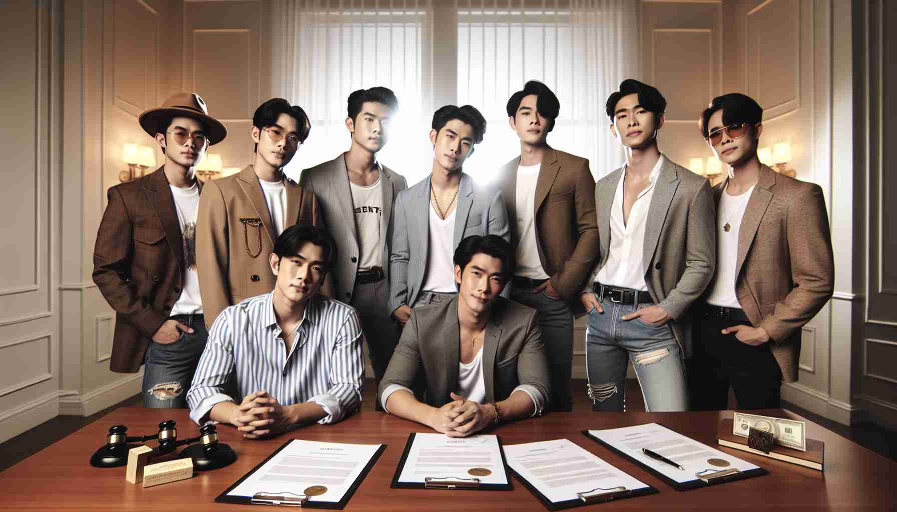 A group of seven young Asian men, all confidently displaying various styles of contemporary fashion, are standing together, with an aura of unity radiating from them. They embody the image of a popular music band. In the background, a tastefully decorated office setting gives the subtle indication of a successful business meeting having taken place. A contract with official stamps and signatures can be seen on the table, symbolizing the extension of their collaboration.