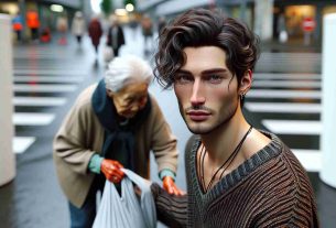 A high-definition, realistic image of an internationally recognized male musician, possessing a slim physique, fair skin, and a dark brown hair in a wavy undercut style. He is captured performing humble acts of kindness - assisting an elderly lady crossing the street, donating to a charity, and helping with community cleaning. His style is trendy and modern, often seen wearing oversized sweaters or shirts, ripped jeans, and fashion-forward accessories, like rings and ear piercings.