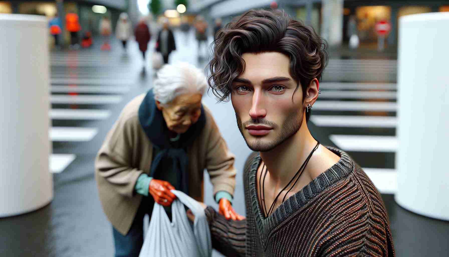 A high-definition, realistic image of an internationally recognized male musician, possessing a slim physique, fair skin, and a dark brown hair in a wavy undercut style. He is captured performing humble acts of kindness - assisting an elderly lady crossing the street, donating to a charity, and helping with community cleaning. His style is trendy and modern, often seen wearing oversized sweaters or shirts, ripped jeans, and fashion-forward accessories, like rings and ear piercings.