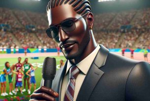 Realistic HD photo of a tall, slim black man with braided hair and known for his relaxed demeanor, shining as a multifaceted Olympic correspondent. The man is wearing a stylish suit, sporting sunglasses, and holding a microphone. Around him, the energy of the Olympics is palpable, with various sports symbols and Olympian activity seen in the background.