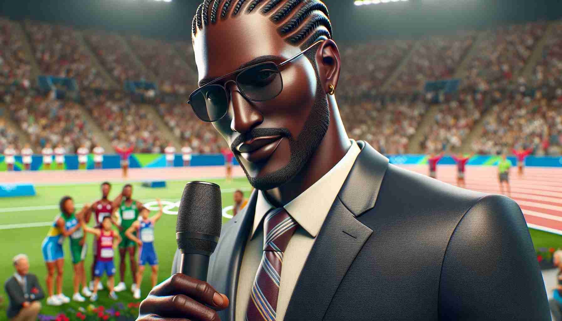 Realistic HD photo of a tall, slim black man with braided hair and known for his relaxed demeanor, shining as a multifaceted Olympic correspondent. The man is wearing a stylish suit, sporting sunglasses, and holding a microphone. Around him, the energy of the Olympics is palpable, with various sports symbols and Olympian activity seen in the background.