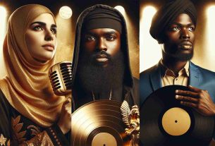 Image of three successful hip hop artists. One individual is a Middle-Eastern woman, basking in a golden stage light, signifying success and accomplishment. She is holding onto a microphone, expressing dominance in the field. Another is a Black man, whose face is highlighted with a mature look of experience and wisdom; he is holding onto gold accolade, manifesting professional recognition. The last person is a Hispanic man, holding onto an unopened vinyl record, symbolizing his latest masterpiece. His expression is filled with a profound sense of personal growth and artistic transformation.