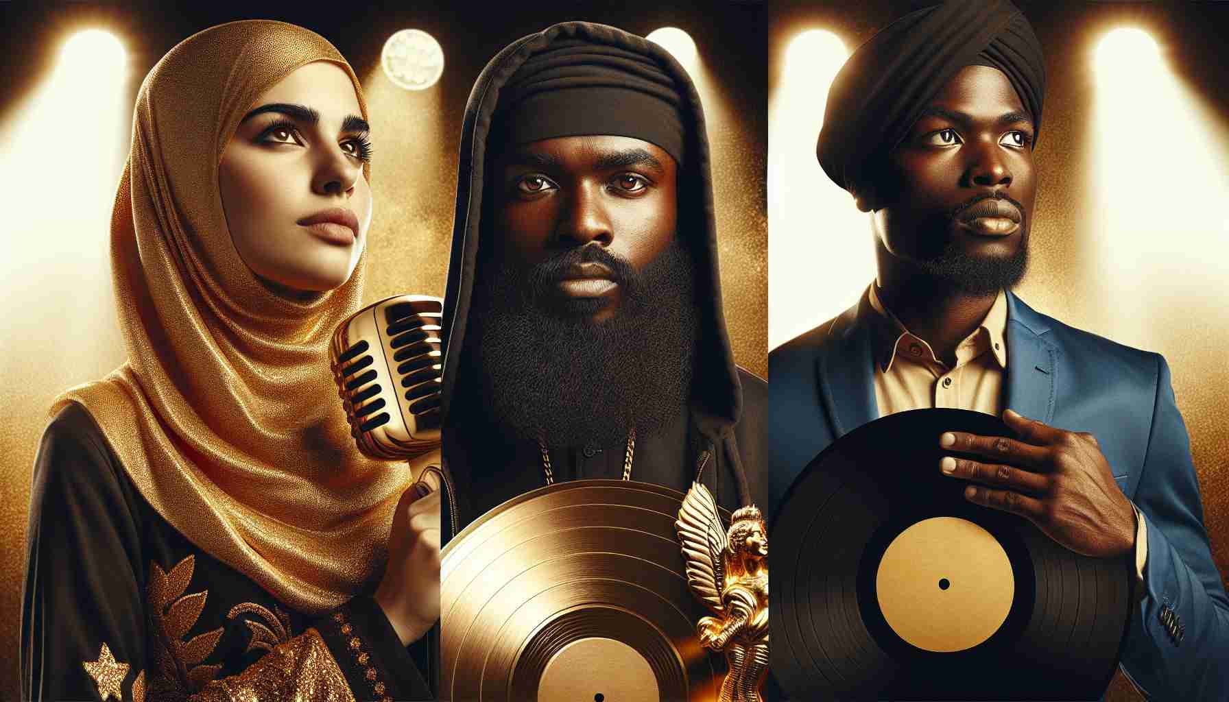 Image of three successful hip hop artists. One individual is a Middle-Eastern woman, basking in a golden stage light, signifying success and accomplishment. She is holding onto a microphone, expressing dominance in the field. Another is a Black man, whose face is highlighted with a mature look of experience and wisdom; he is holding onto gold accolade, manifesting professional recognition. The last person is a Hispanic man, holding onto an unopened vinyl record, symbolizing his latest masterpiece. His expression is filled with a profound sense of personal growth and artistic transformation.