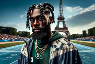 High-definition, realistic image of an African American rapper with twisted braided hair and stylish streetwear, standing under the Eiffel Tower during  an international sports event resembling the Olympic Games.