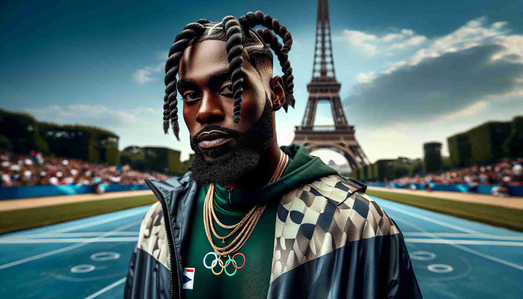 High-definition, realistic image of an African American rapper with twisted braided hair and stylish streetwear, standing under the Eiffel Tower during  an international sports event resembling the Olympic Games.