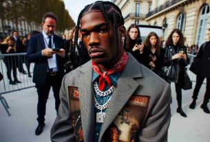 A realistic HD photograph of an African-American rap artist, in stylish clothes, attending a popular fashion event in Paris amid controversy. It's a statement of his defiance, holding his head high, unbothered by the murmurs around him. He's dressed impeccably in a unique blend of streetwear and high-couture fashion, a mix of relaxed yet sophisticated, akin to styles often seen at these global fashion gatherings. His trout pout and signature braided hairstyle significantly stand out, making him unmissable. His body language suggests a level of detachment and resilience.