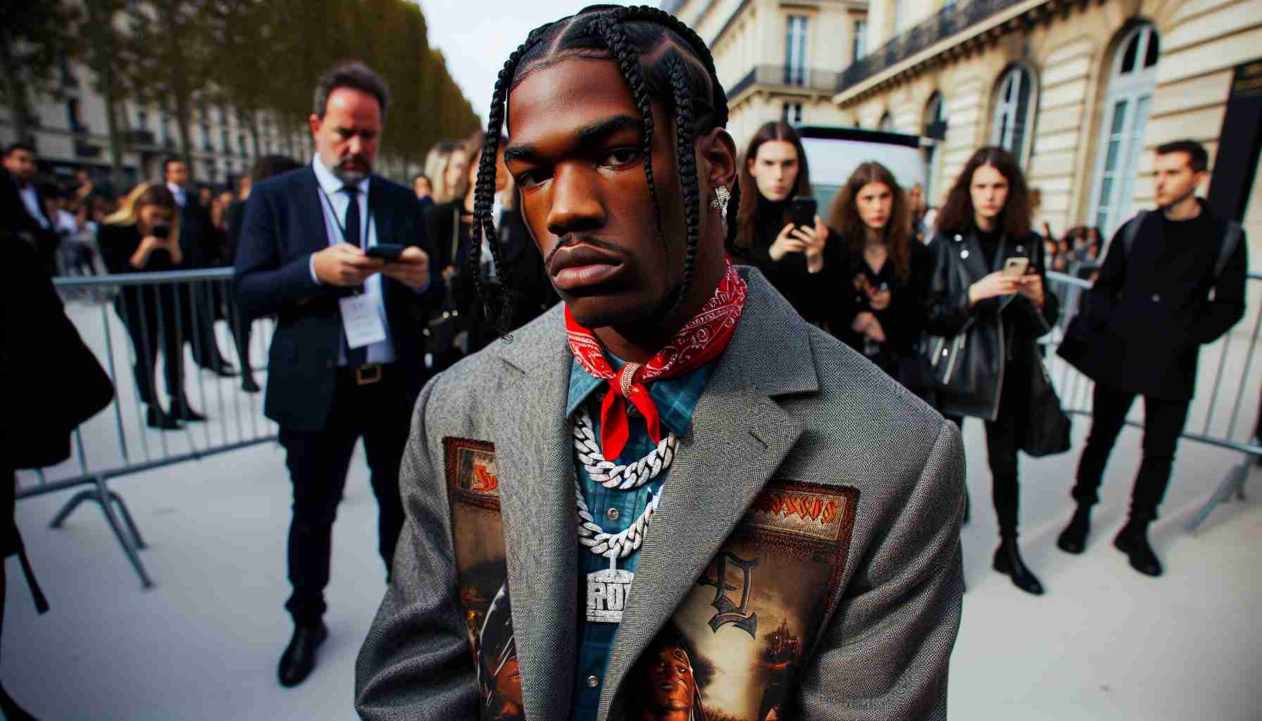 A realistic HD photograph of an African-American rap artist, in stylish clothes, attending a popular fashion event in Paris amid controversy. It's a statement of his defiance, holding his head high, unbothered by the murmurs around him. He's dressed impeccably in a unique blend of streetwear and high-couture fashion, a mix of relaxed yet sophisticated, akin to styles often seen at these global fashion gatherings. His trout pout and signature braided hairstyle significantly stand out, making him unmissable. His body language suggests a level of detachment and resilience.