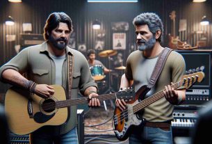 Realistic HD image of two middle-aged men who form a rock band, holding musical instruments, and discussing their future plans amidst some controversy. They are in a backstage setting filled with various musical equipment. The man on the left is slightly taller, heavier, with a full beard and shorter dark hair. He holds a guitar. The man on the right is a bit shorter with slightly longer hair and hints of gray. He holds a bass guitar.