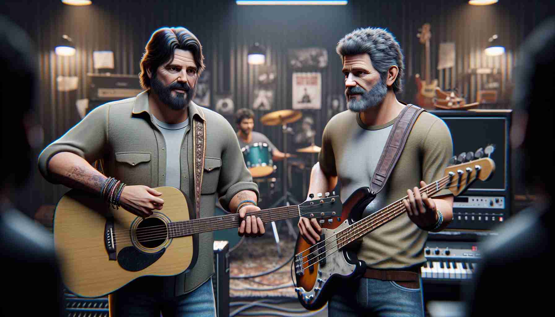 Realistic HD image of two middle-aged men who form a rock band, holding musical instruments, and discussing their future plans amidst some controversy. They are in a backstage setting filled with various musical equipment. The man on the left is slightly taller, heavier, with a full beard and shorter dark hair. He holds a guitar. The man on the right is a bit shorter with slightly longer hair and hints of gray. He holds a bass guitar.