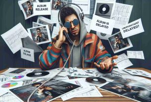 A high definition, realistic scenario showing an album release that has been delayed. Depict a male rapper, with a creative and eclectic style, encountering setbacks. He could be seen engaging in hectic phone calls, surrounded by papers showing related plans, album cover sketches and highlighting stress - a seemingly chaos due to the unpredicted delay. Please do not attach any specific names or identities to the character.