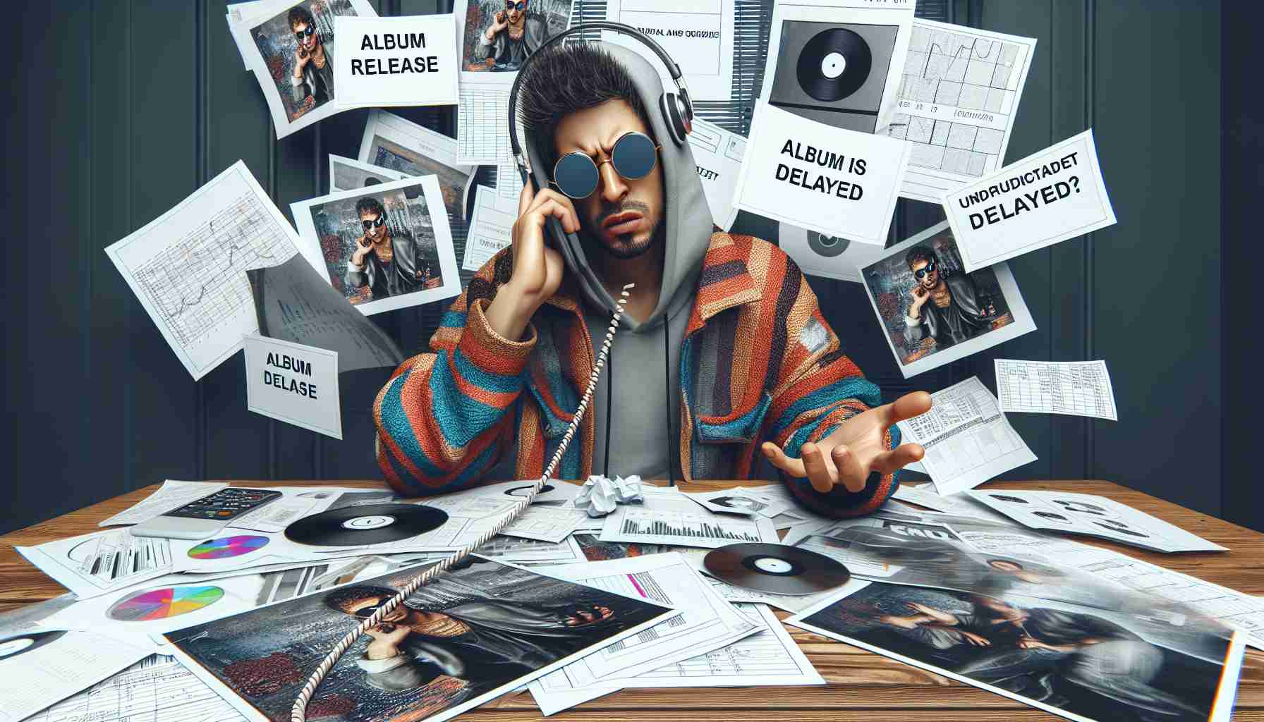 A high definition, realistic scenario showing an album release that has been delayed. Depict a male rapper, with a creative and eclectic style, encountering setbacks. He could be seen engaging in hectic phone calls, surrounded by papers showing related plans, album cover sketches and highlighting stress - a seemingly chaos due to the unpredicted delay. Please do not attach any specific names or identities to the character.