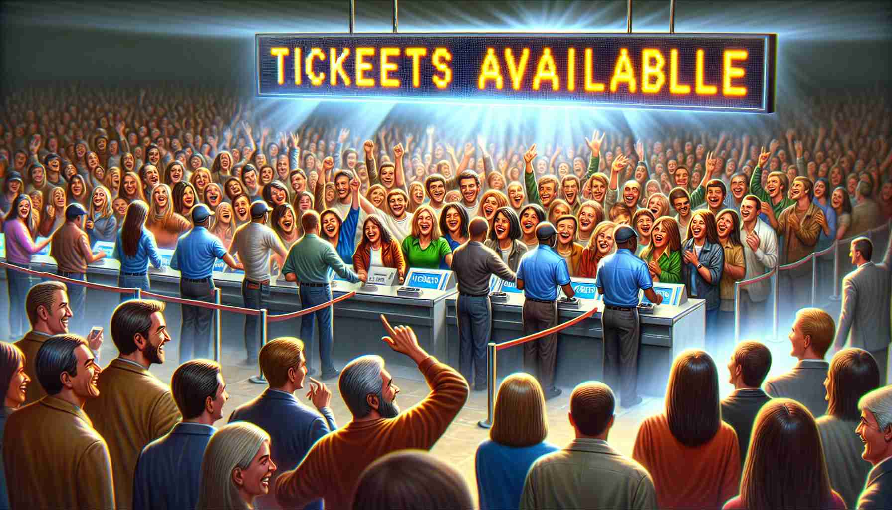 Picture a detailed and vivid scene of fans experiencing a smooth ticketing process for an eagerly awaited reunion show. Several people of different descents like Caucasian, Hispanic, and South Asian can be seen in the line, gender balanced, expressing their delight and excitement. The atmosphere is charged with joy and anticipation. Hovering over the crowd is a electronic board displaying in big, bright letters 'Tickets Available'. The ticket booth is remarkably organized and efficient, filled with smiling attendants, enhancing the positive experience. The scene is to be depicted in a high-definition, realistic style.