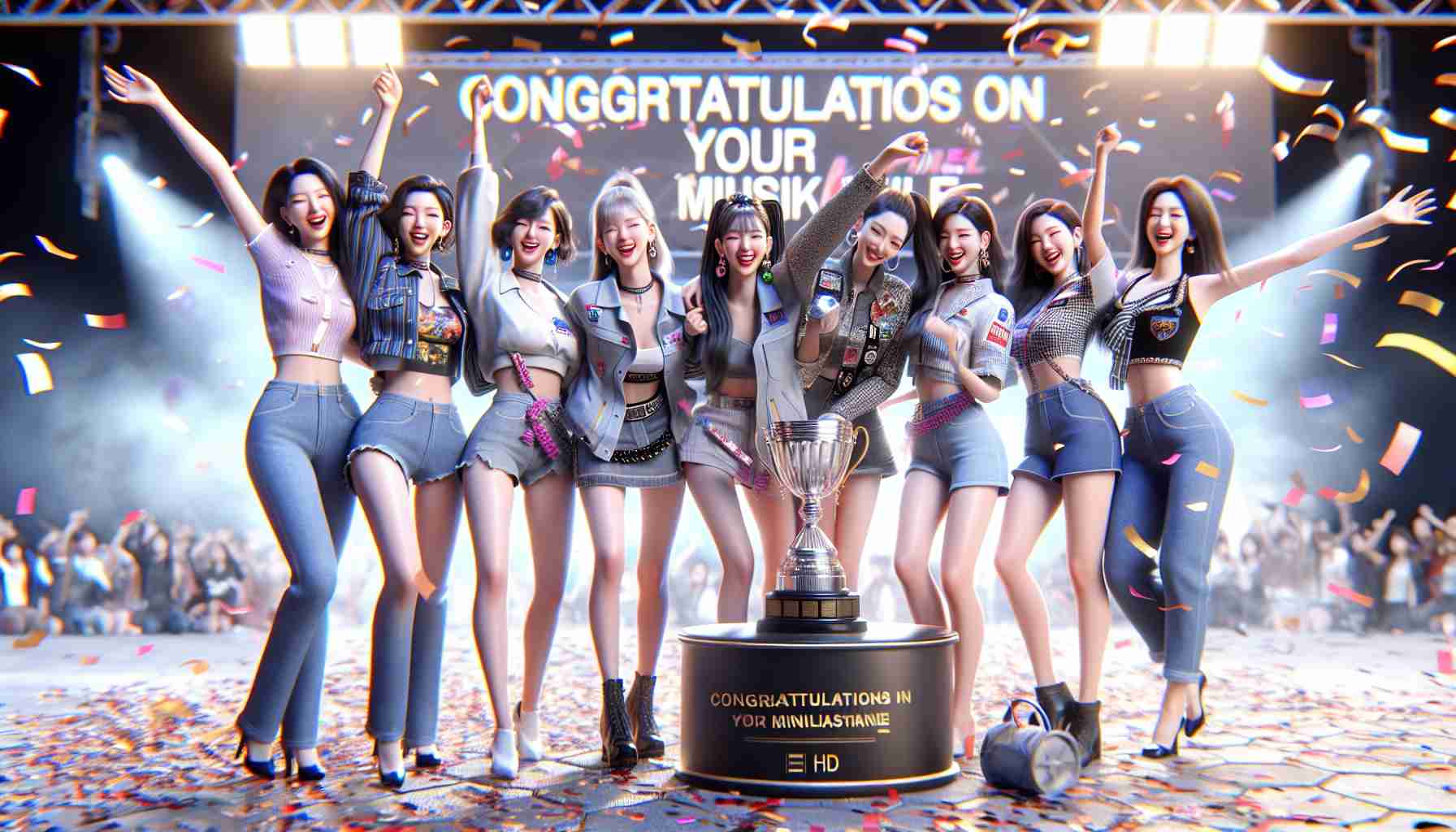 Render in HD a realistic scene of a female musical group joyously commemorating a significant achievement. This group of 9 East Asian women, representing South Korean pop culture, are in their late 20s to early 30s. They're in a celebration mood, wearing fashionable clothing that reflects contemporary pop culture. Confetti is raining around them, they're holding a sizable trophy collectively, and there's a large banner in the background with 'Congratulations on your Milestone' written on it.