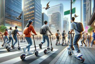 A highly detailed and realistic image of a new electric scooter trend that has recently become popular on city streets. The scene should depict several people of varying descents and genders engaging in riding these new electric scooters. Close-up views of the scooters reveal their modern design and new features, while the city backdrop gives a sense of urban energy. The image emphasizes the fun and convenience these scooters bring to everyday transportation.