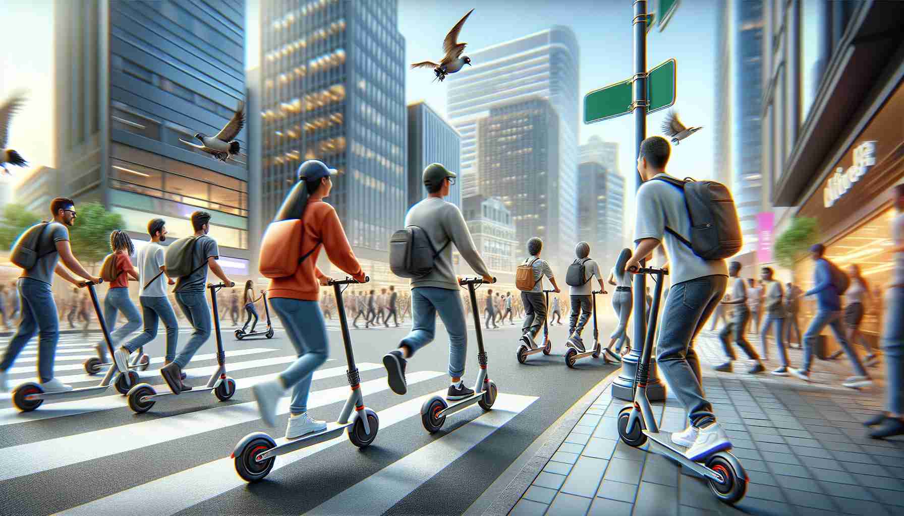 A highly detailed and realistic image of a new electric scooter trend that has recently become popular on city streets. The scene should depict several people of varying descents and genders engaging in riding these new electric scooters. Close-up views of the scooters reveal their modern design and new features, while the city backdrop gives a sense of urban energy. The image emphasizes the fun and convenience these scooters bring to everyday transportation.